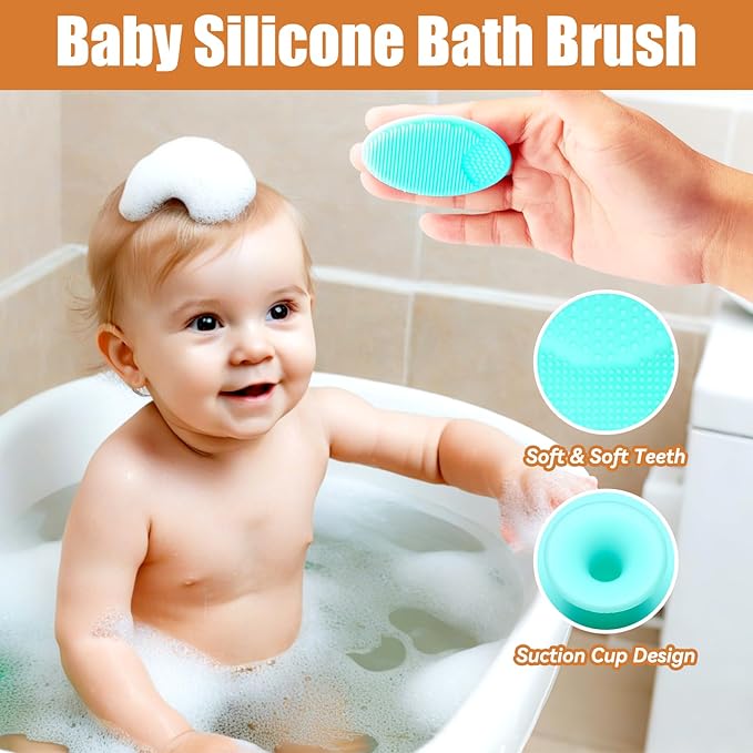 Wooden Soft Goat Bristles Brush with Baby Silicone Hair Scrubber Cradle Cap Brush for Newborns, Toddlers, Infant, Baby Hair Care Kit (Green)