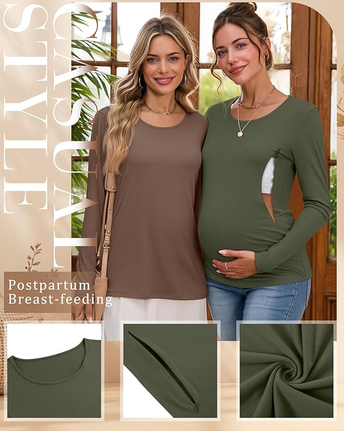 4 Pack Women's Cotton Nursing Tops, Breastfeeding Maternity with Hidden Zippers Crew Neck Long Sleeve Pregnancy Shirts