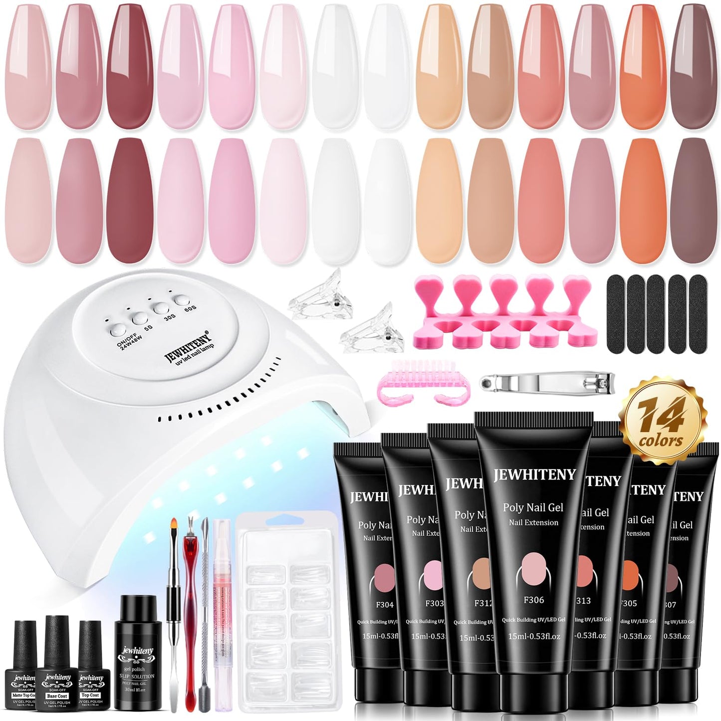 JEWHITENY 14 Colors Nude Pink Skin Tones Poly Extension Gel Kit All in One Kit All Seasons French Nails Manicure Poly Nail Gel Starter Kit with Nail Lamp Designs DIY At Home