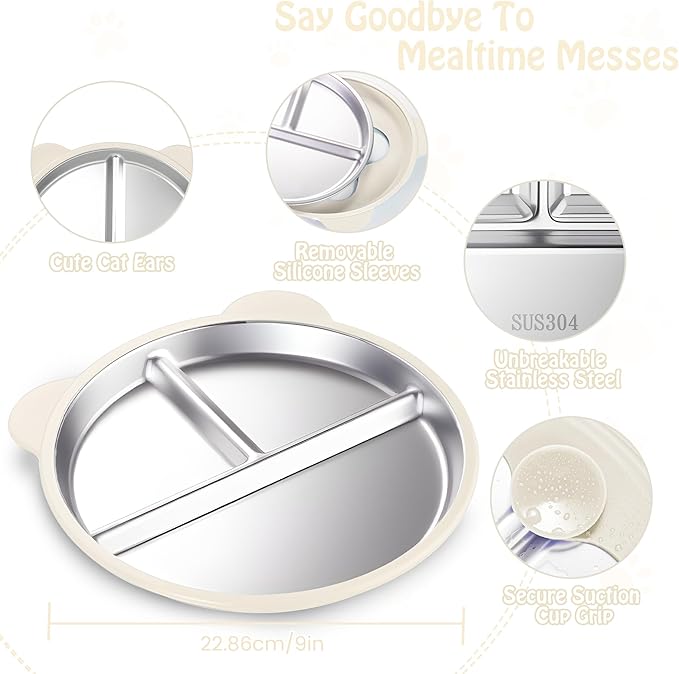 Stainless Steel Kids Plate with Suction Set of 2, 9″ Toddler Divided Plates with Removable Non Slip Silicone Sleeves, Unbreakable Baby Snack Dishes, BPA Free, Beige & Light Pink