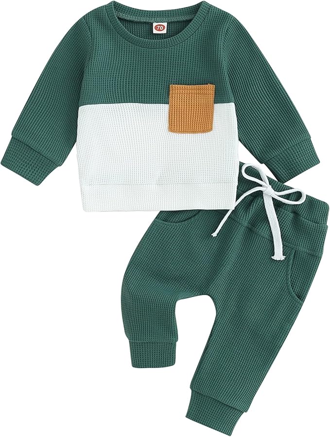 Toddler Baby Boy Fall Clothes Waffle Contrast Color Sweatshirt Pants Sets Infant Winter Outfits 6 12 18 24 Months