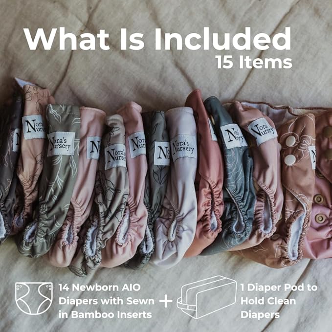Nora's Nursery Newborn All-in-One Cloth Diaper 14-Pack with Diaper Pod for Clean Storage - Waterproof, Washable, Reusable, and Adjustable for Babies Under 12lbs - Blushing Blooms