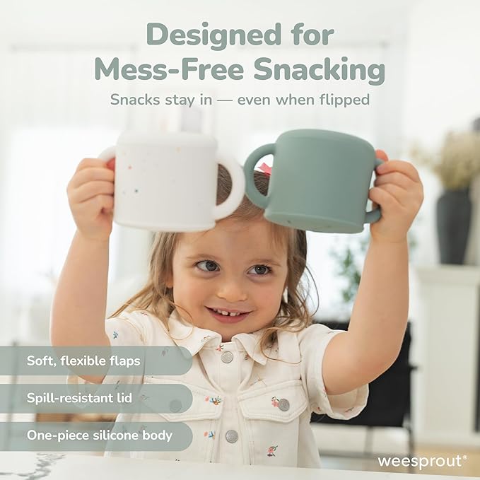 WeeSprout Snack Containers, Food Grade Silicone Cups, Spill-Proof Tops For Toddlers and Babies, Premium Hard Plastic Travel Lids, Dishwasher Safe, Set of 2 Snack Catchers