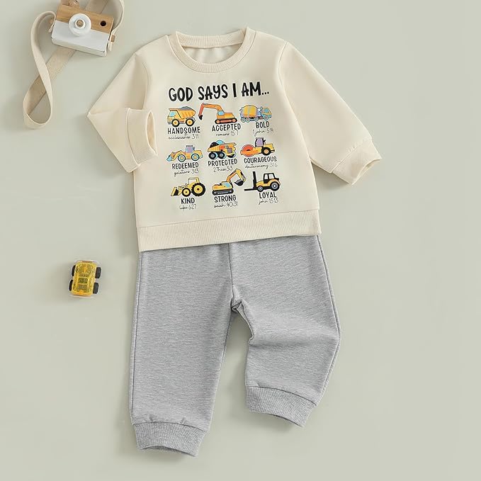 Nyapruwe Toddler Baby Boy Fall Outfit Funny Print Long Sleeve Sweatshirt Joggers Pants Set Kids Warm Winter Clothes