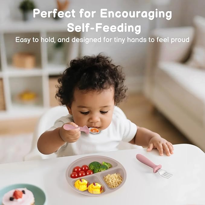 2 Pack Silicone Divided Baby Plates with Suction, 2 Pack Toddler Forks and Spoons Set, BPA Free, Baby Feeding Set for Toddler Utensils, Microwave and Dishwasher Safe