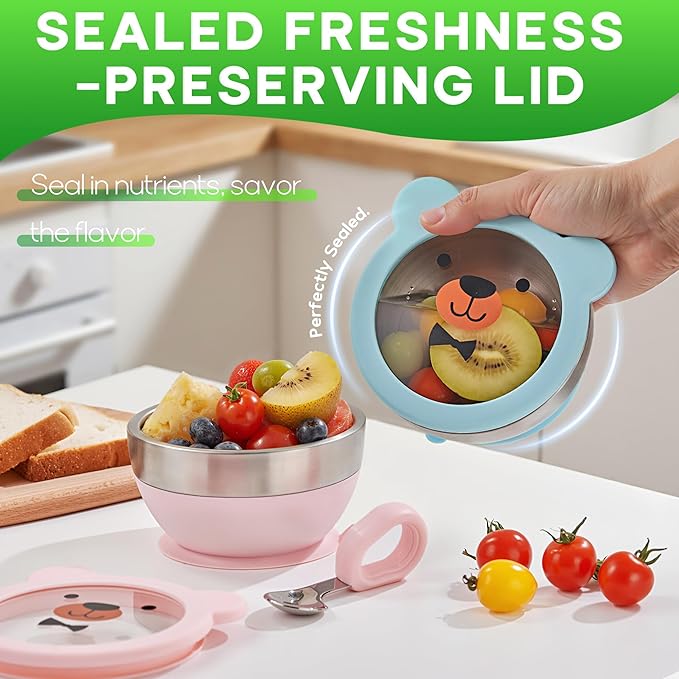 Suction Bowl and Spoon Set for Babies and Toddlers Non-Slip Silicone Suction Cups, Advanced 304 Stainless Steel Bowls, Double-Layer Insulation, and BPA-Free Lids Food-Grade Safety BLUE