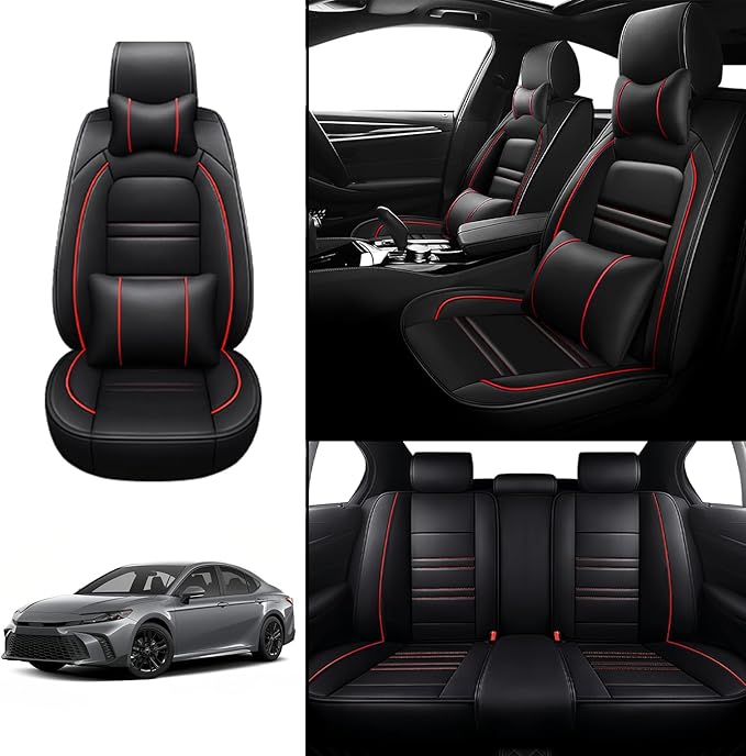 Car Seat Covers for Toyota Camry 2002-2025 | 5-Seats Seat Covers, Waterproof Seat Protectors, Automotive Seat Covers (Full Set with Pillow,Black&Red Line)