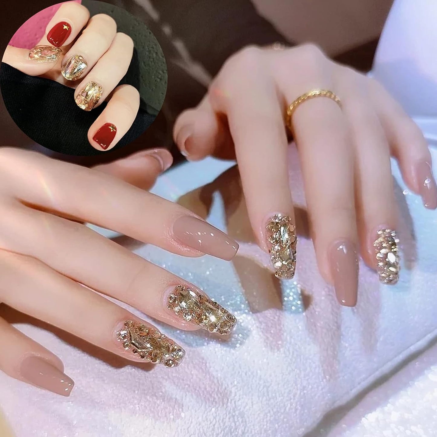 3100Pcs Flat Back Rhinestones for Nails, HOINCO Champagne Rhinestones for Nails, Mix 20 Styles Flatback Rhinestone/Gems, 600 Diamonds + 2500 Round Rhinestones Beads for Crafts with Tweezers Pen