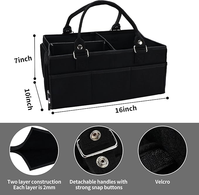 Baby Diaper Caddy Organizer for Girl Boy Large Nursery Storage Bin Basket Portable Holder Tote Bag for Changing Table and Car Baby Shower Gifts Newborn Essentials Must Haves Items black