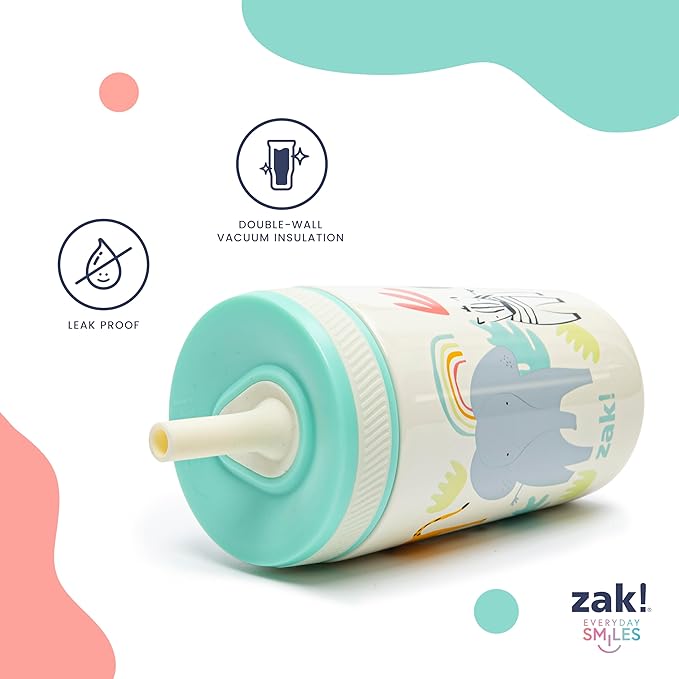 Zak Designs Dino Camo Kelso Tumbler 3pc Set, Leak-Proof Screw-On Lid with Straw, Bundle for Kids Includes Plastic and Stainless Steel Cups with Additional Sipper