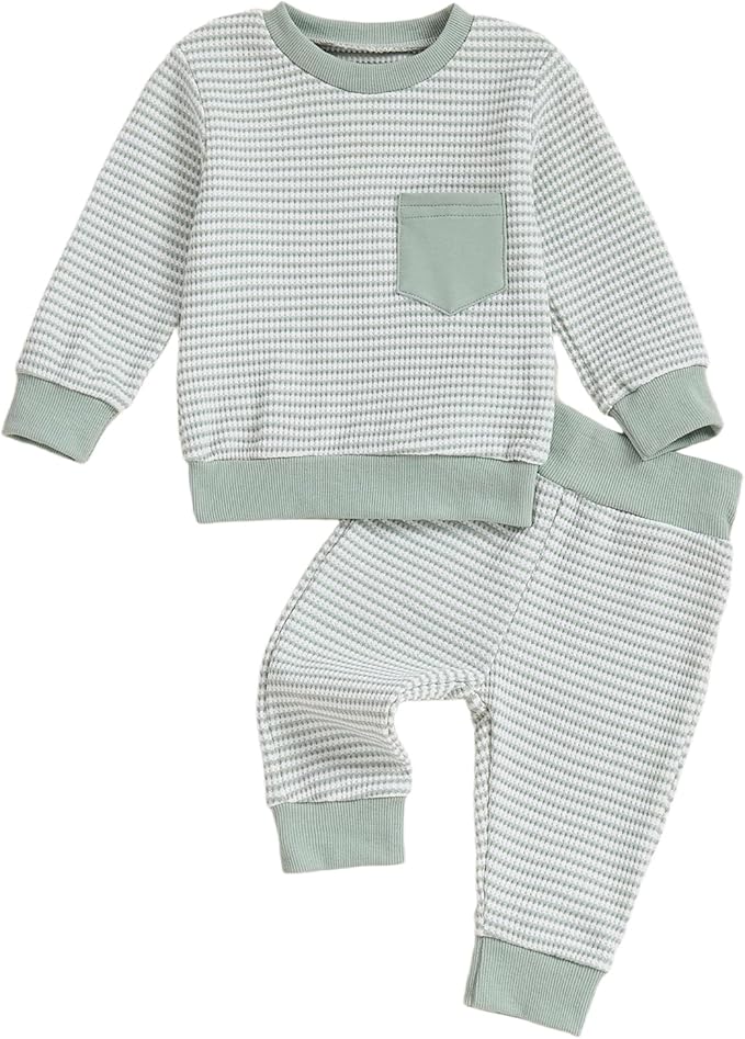 Toddler Baby Boy Fall Clothes Waffle Outfit Long Sleeve Color Blocking Sweatshirt Pullover Jogger Pant Set