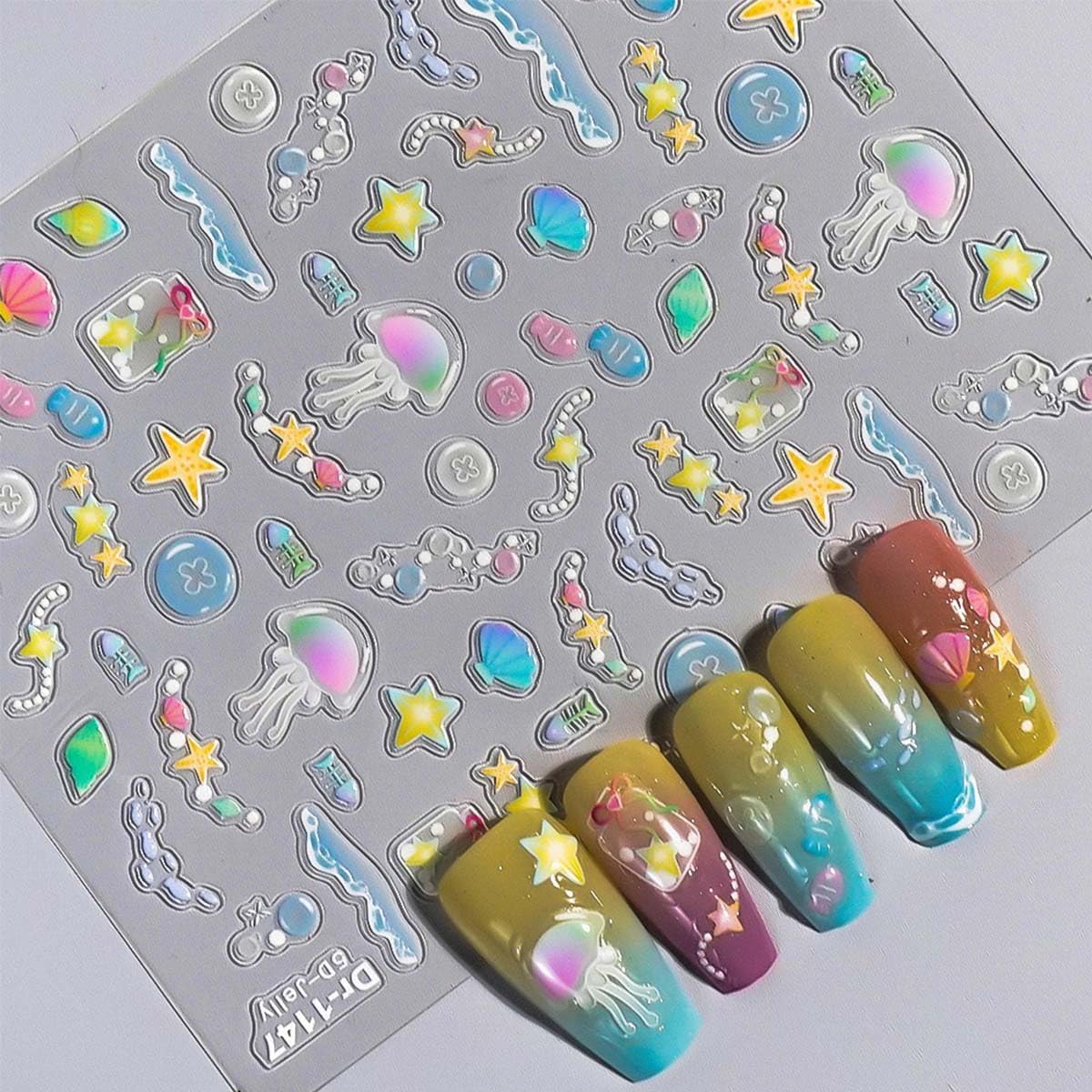 2 Sheet Aurora Nail Art Sticker Summer Nails Decals 3D Adhesive Stickers Jellyfish Shell Starfish Design Cute Nails Art Decals for Women Girls Holiday Manicure Decoration