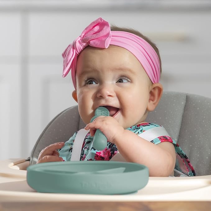 TalkTools ITSY Silicone Baby Plates Set with Suction – Feeding Essentials for Toddlers 6–12 Months+ | BLW Mealtime Set with Twin Spoon, Spill-Proof Sippy Cup | Self-Feeding Utensils (Sage)