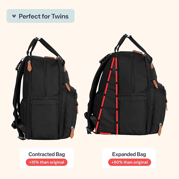 BabbleRoo Extra Large Diaper Bag Backpack, Expandable Baby Bag with Up to 50% More Capacity - Travel Essentials Baby Bag Tote with Changing Pad, Stroller Straps & Pacifier Case - Unisex, Black