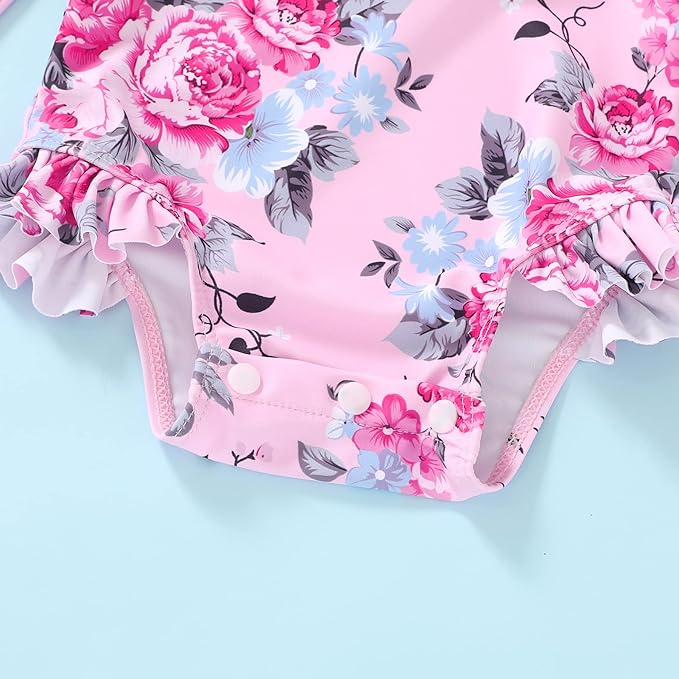 Infant Baby Girl Swimsuit One-Piece Long Sleeve Rash Guard with Hat Set Floral Zipper Bathing Suit Leopard Beach Wear