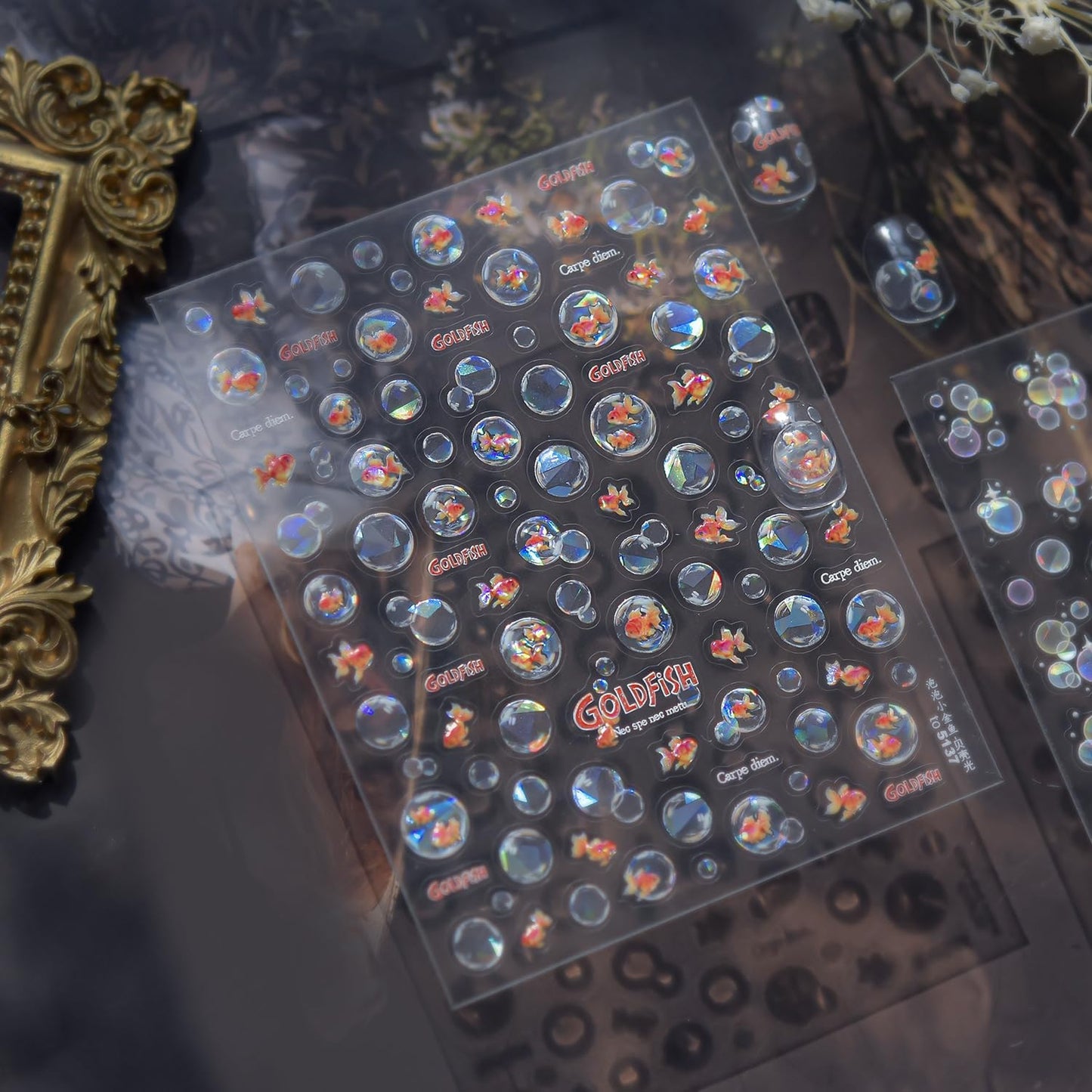 Goldfish Nail Art Stickers Sparkly Koi Fish Nail Stickers 5D Embossed Bubbles Chinese Style Manicure Decals Accessories Shell Light Goldfish Adhesive Slider for Women DIY Nail Art Decorations