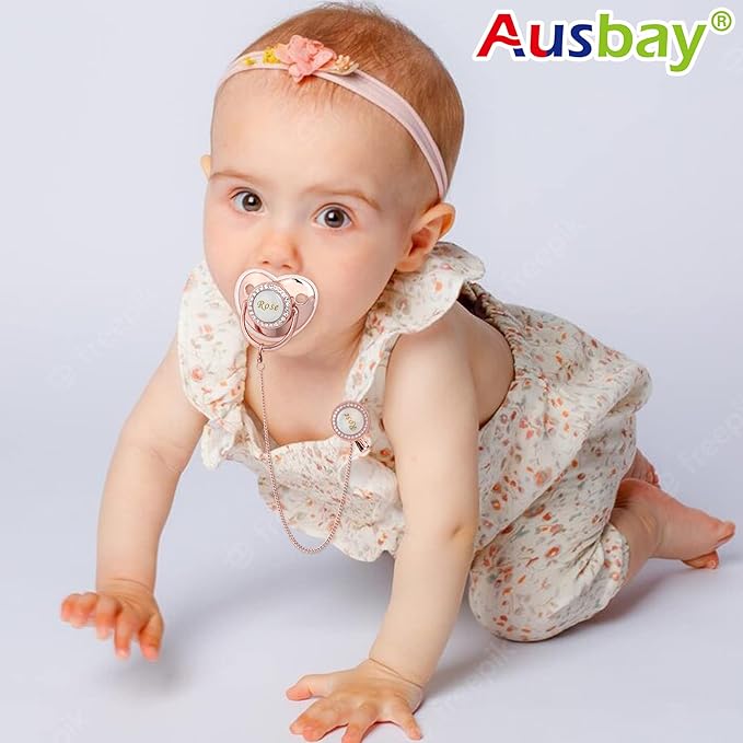 Personalized Pacifier Set with Name, BPA Free, Bling Gold Silver Pink Rose Gold Luxurious Ideal Gift for Newborns (Pink)
