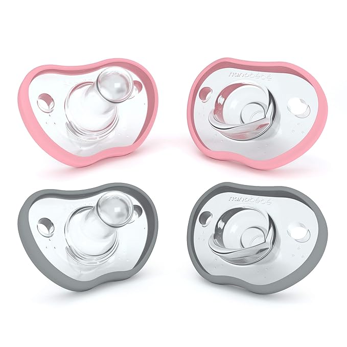 Nanobebe Baby Pacifiers 0-3 Month - Orthodontic, Curves Comfortably with Face Contour, Award Winning for Breastfeeding Babies, 100% Silicone, Baby Registry Gift 4pk,Pink/Grey