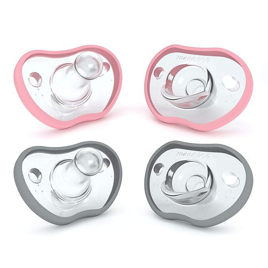 Nanobebe Baby Pacifiers 0-3 Month - Orthodontic, Curves Comfortably with Face Contour, Award Winning for Breastfeeding Babies, 100% Silicone, Baby Registry Gift 4pk,Pink/Grey