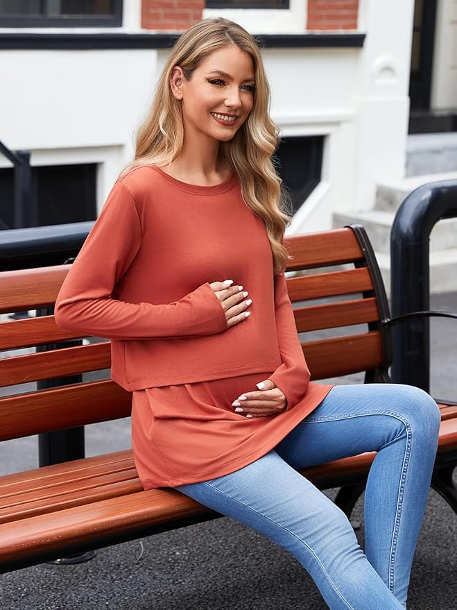 Ecavus Women's 3Pack Maternity Nursing Shirts Long Sleeve Double Layer Breastfeeding Shirts Comfy Pregnancy Clothes