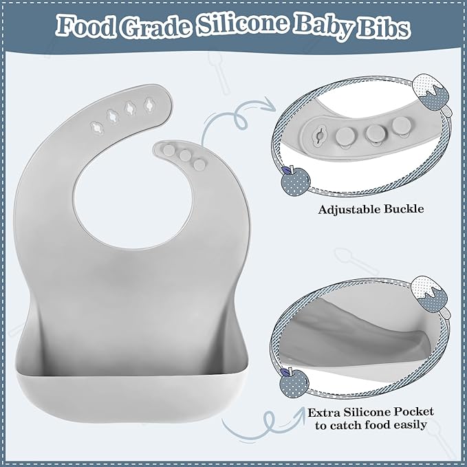 Silicone Baby Feeding Set 10 Pcs Baby Led Weaning Supplies Suction Bowl Divided Plate Baby Bibs Fruit feeder Pacifier Baby Spoons Forks Sippy Cup Utensil Sets Baby Essentials for Newborn Grey