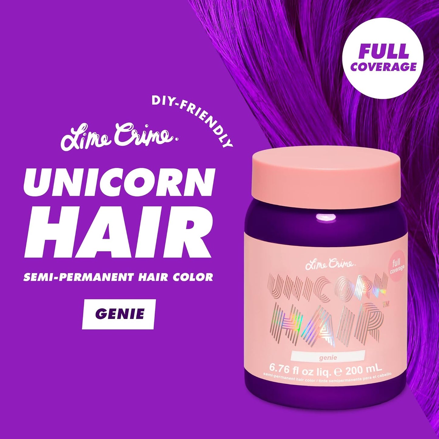 Lime Crime Unicorn Hair Dye Full Coverage, Genie (Deep Violet Purple) - Damage-Free Semi-Permanent Hair Color Conditions & Moisturizes - Temporary Hair Tint Kit Has A Sugary Citrus Vanilla Scent