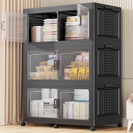 BROVIEW 600Qt Plastic Storage Bins with Lid and Wheels, 3Pack Extra Large Stackable Storage Bins with Dividers,Closet Organizers and Storage Cabinet Collapsible Box Shelves for Home Kitchen,Black