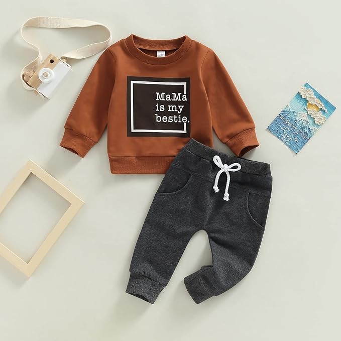 Toddler Baby Boy Clothes Solid Color Long Sleeve Crewneck Sweatshirt Top Casual Pants Set 2Pcs Fall Winter Outfits