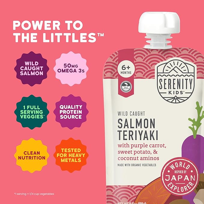 Serenity Kids 6+ Months Organic Baby Food Pouch - 3.5 oz, Pack of 12, Salmon Teriyaki - 5g Protein Nutrient-Packed Puree - Savory Salmon Teriyaki - No Added Sugar - On-The-Go Pouch for Baby Snacks
