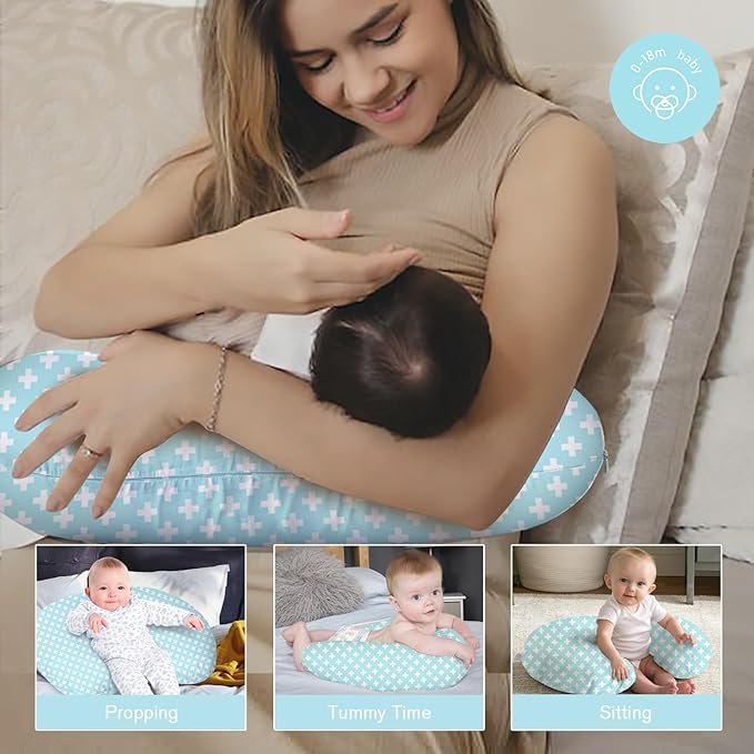 Little Grape Land Nursing Pillow for Infants, Breastfeeding Pillows, Baby Support Pillow for Nursing, Bottle Feeding, Tummy Time with Machine Washable Cover (Green Cross)