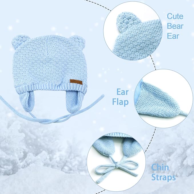 BAVST Baby Beanie Hat for Winter with Earfalp Cute Bear Kids Toddler Girls Boys Warm Knit Cap 0-2Years