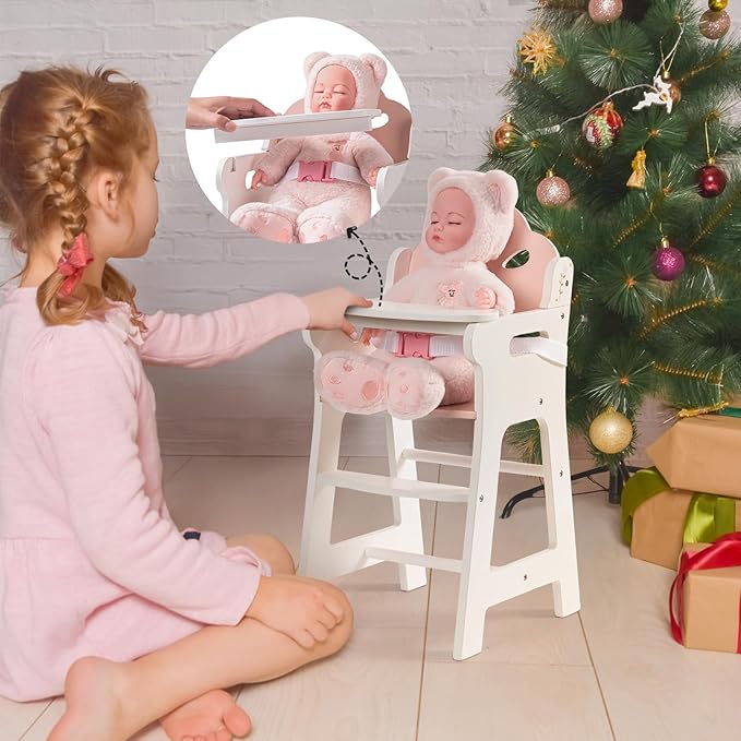 ROBOTIME Baby Doll High Chair, Pretend Play High Chair with Safety Belt and Footrest, Wooden Baby Doll Accessories, Doll Furniture Fits 18-20 Inch Dolls, Gift for Ages 3+ (White)