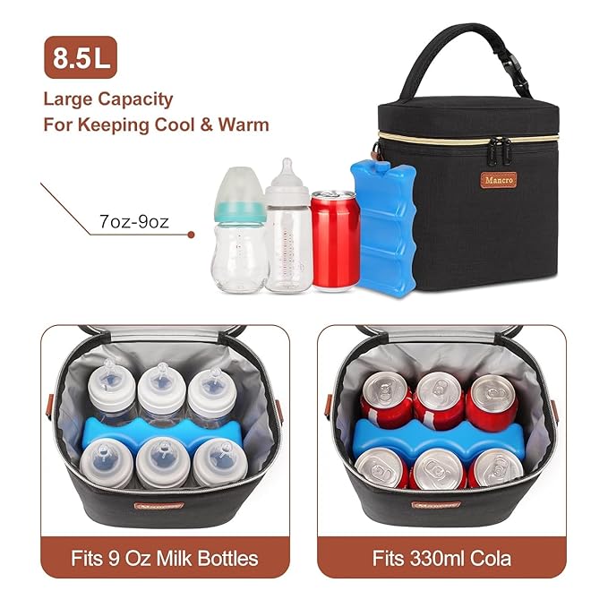 Mancro Breast Milk Cooler Bag with Ice Pack, Baby Bottle Bag Holds 6 Bottles Up to 9oz, Leak-Proof Insulated Storage for Nursing Moms, Daycare or Travel, Pink & Beige