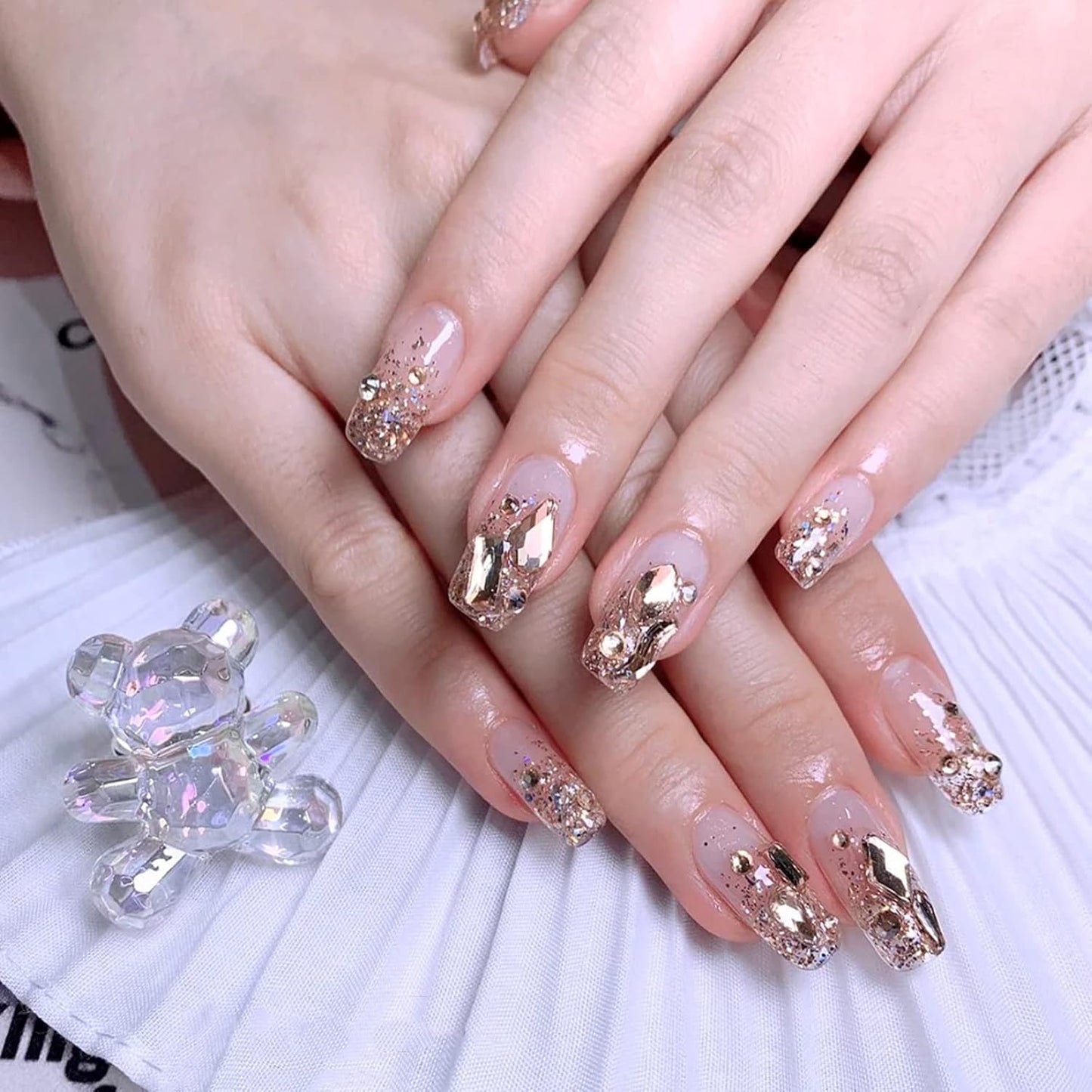 3100Pcs Flat Back Rhinestones for Nails, HOINCO Champagne Rhinestones for Nails, Mix 20 Styles Flatback Rhinestone/Gems, 600 Diamonds + 2500 Round Rhinestones Beads for Crafts with Tweezers Pen