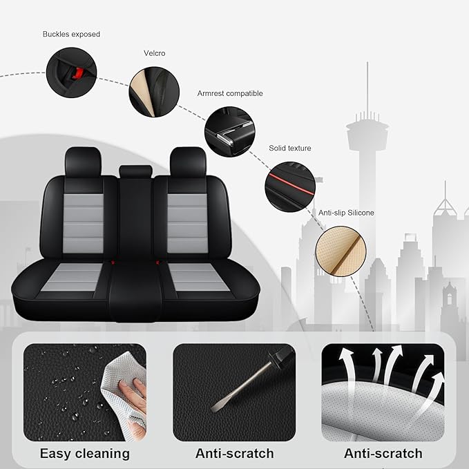JOJ Fit for Toyota Highlander 2001-2022 Car Seat Covers,7 Seat Car Seat Cover,No-Slip Waterproof Breathable Faux Leather,Full Set with Pillow Steering Wheel Covers,Black Gray