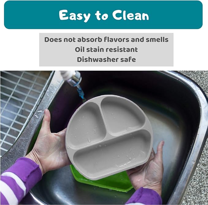 Silikong Suction Plate for Toddlers | BPA Free, 100% Food-Grade Silicone | Microwave, Dishwasher and Oven Safe | Stay Put Divided Baby Feeding Plates (1, Grey)