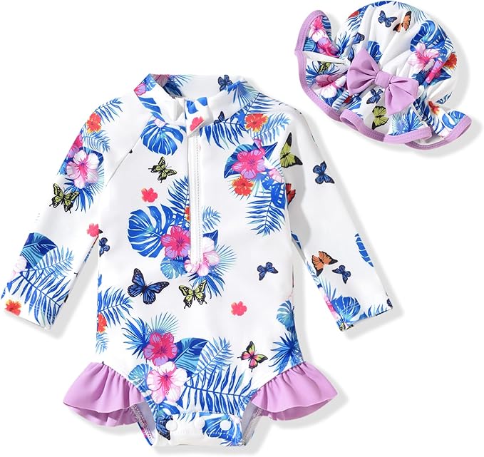 Aalizzwell Baby Girls Long Sleeve One Piece Swimsuit with Hat