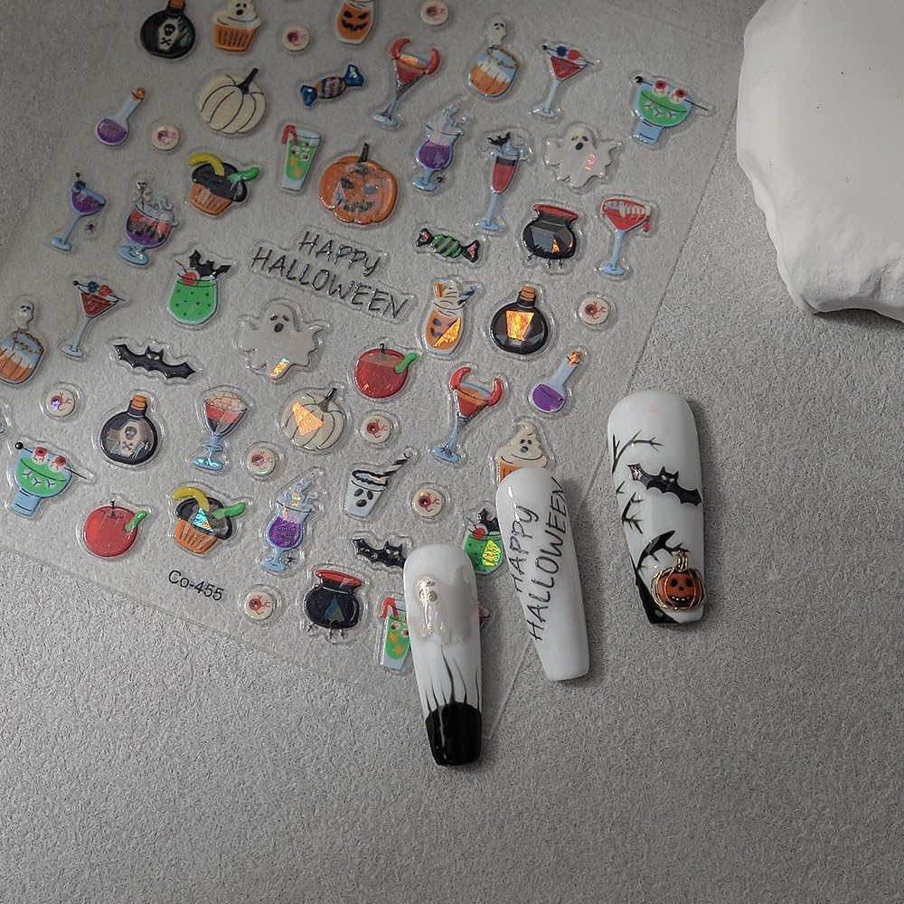 Halloween Nails Stickers Laser Ghost Nails Sticker 3D Embossed Horrible Pumpkin Self Adhesive Sticker Nail Decals Funny Glasses Nail Art Decal Halloween Decals for Nail DIY Manicure 1Sheet