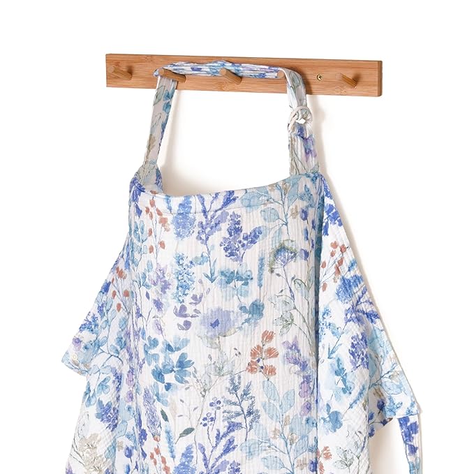 TILLYOU Muslin Nursing Cover for Baby Breastfeeding, 100% Cotton Breathable with Arch Neckline for Women, Blue Flower