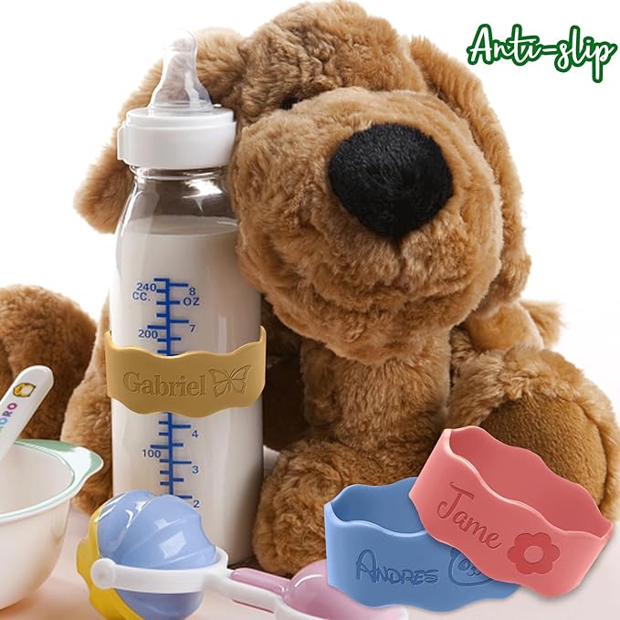 Personalized Baby Bottle Labels for Daycare Custom Water Bottle Name Bands Customized Engraved Silicone Baby Reusable Bottle Straps Labels for Cups School-Green