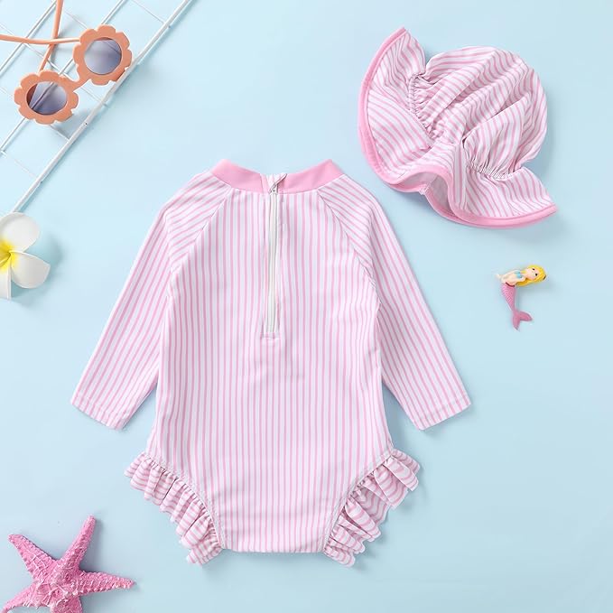 Infant Baby Girl Swimsuit One-Piece Long Sleeve Rash Guard with Hat Set Floral Zipper Bathing Suit Leopard Beach Wear