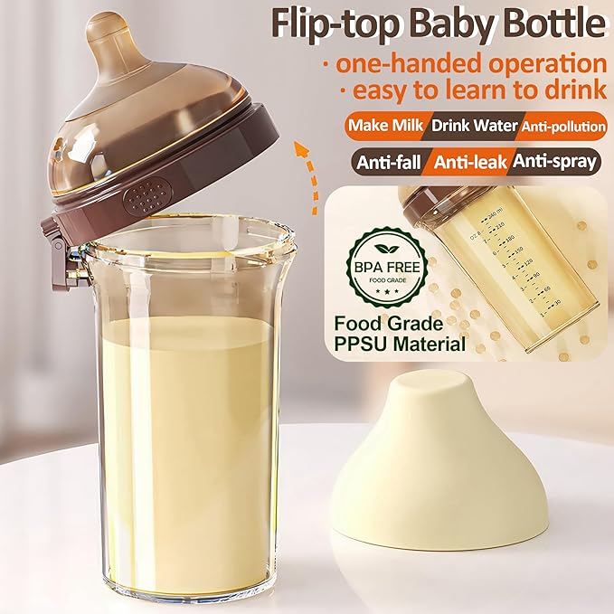 PPSU Baby Bottle, Bottles for Breastfed Babies with Handles and Straw, Flip-top Anti-Colic Baby Bottles 8oz/240mL 6-12 Months