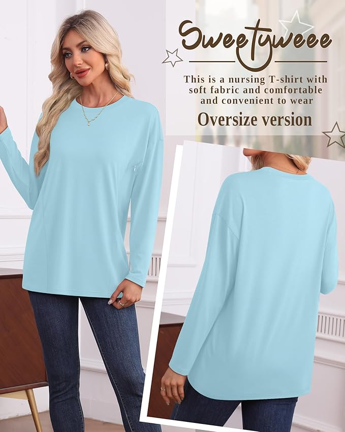 3 Pack Women's Nursing Breastfeeding Tops, Long Sleeve Maternity Shirts Oversize Hidden Zipper Pregnancy Clothes