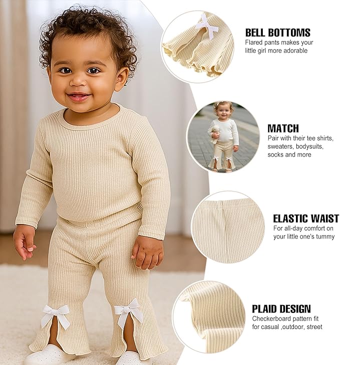 SOBOWO Baby Girl Flare Pants 3 Pack Toddler Solid Ribbed Ruffle Bell Bottoms Pants Trousers Fall Outfits