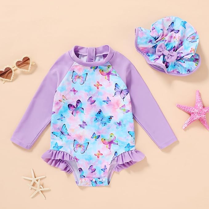 Infant Baby Girl Swimsuit One-Piece Long Sleeve Rash Guard with Hat Set Floral Zipper Bathing Suit Leopard Beach Wear