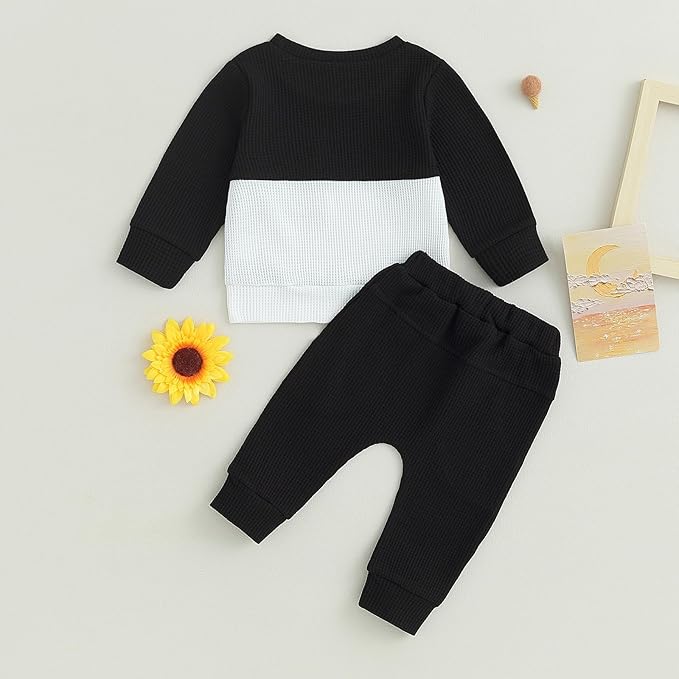 Toddler Baby Boy Fall Clothes Waffle Contrast Color Sweatshirt Pants Sets Infant Winter Outfits 6 12 18 24 Months