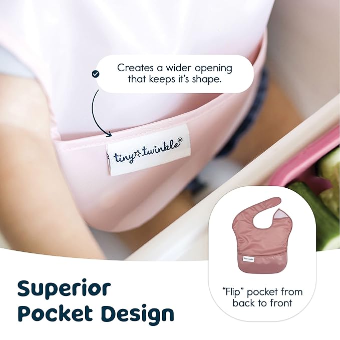 Tiny Twinkle Mess Proof Baby Bibs for Eating – Waterproof, Wipeable Toddler Bibs with Pocket – Baby Food Bibs for Girls & Boys(3 Pack,Sage,Taupe, Dandelion)