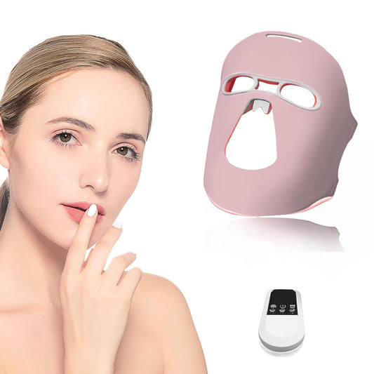 Red Light Therapy for Face Four Colors Portable Led Facial Mask Light Therapy with Remote LED Skincare Devices with Timing Function Beauty Mask led face mask Care for Home and Travel - Pink