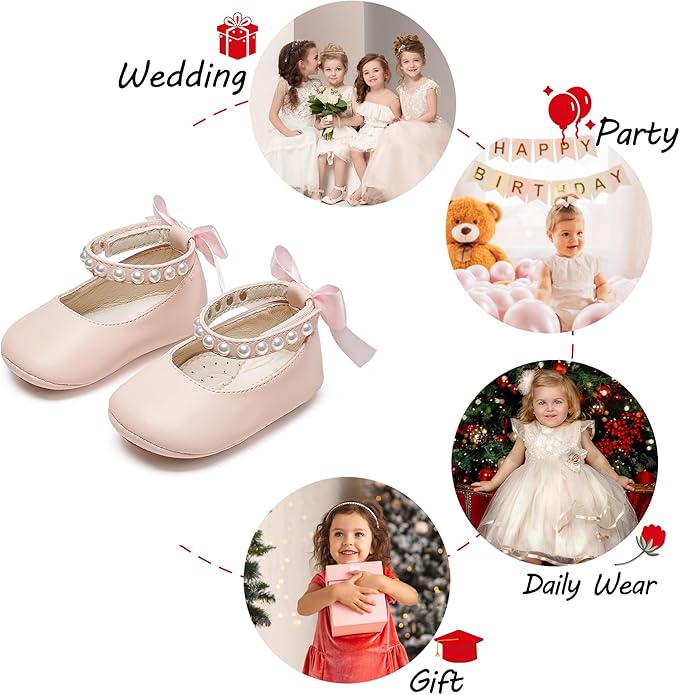 Baby Girls Mary Jane Flats - Infant Newborn Walking Shoes Soft Rubber Sole Princess Wedding
