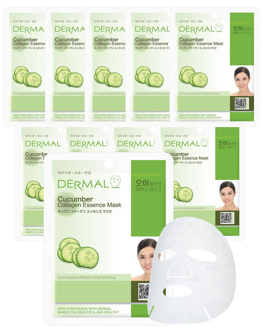 DERMAL Cucumber Collagen Essence Facial Mask Sheet 23g Pack of 10 - Soothing & Moisturizing, Redness & Sunburn Relief, Daily Skin Treatment Solution Sheet Mask